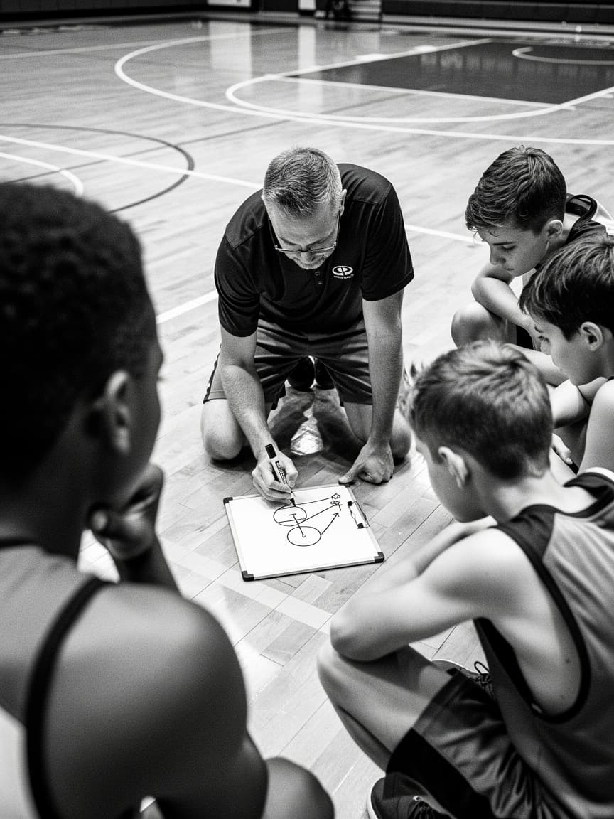 A coach on one knee drawing a play on a clipboard while players watch