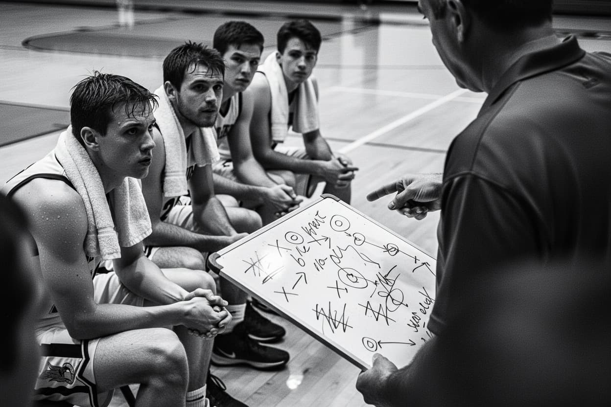 A coach and team on the bench during a timeout
