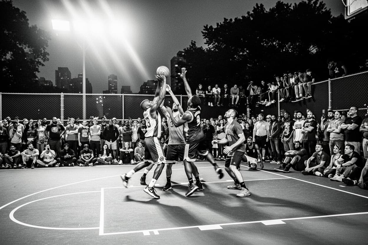 A crowded outdoor pickup game under floodlights