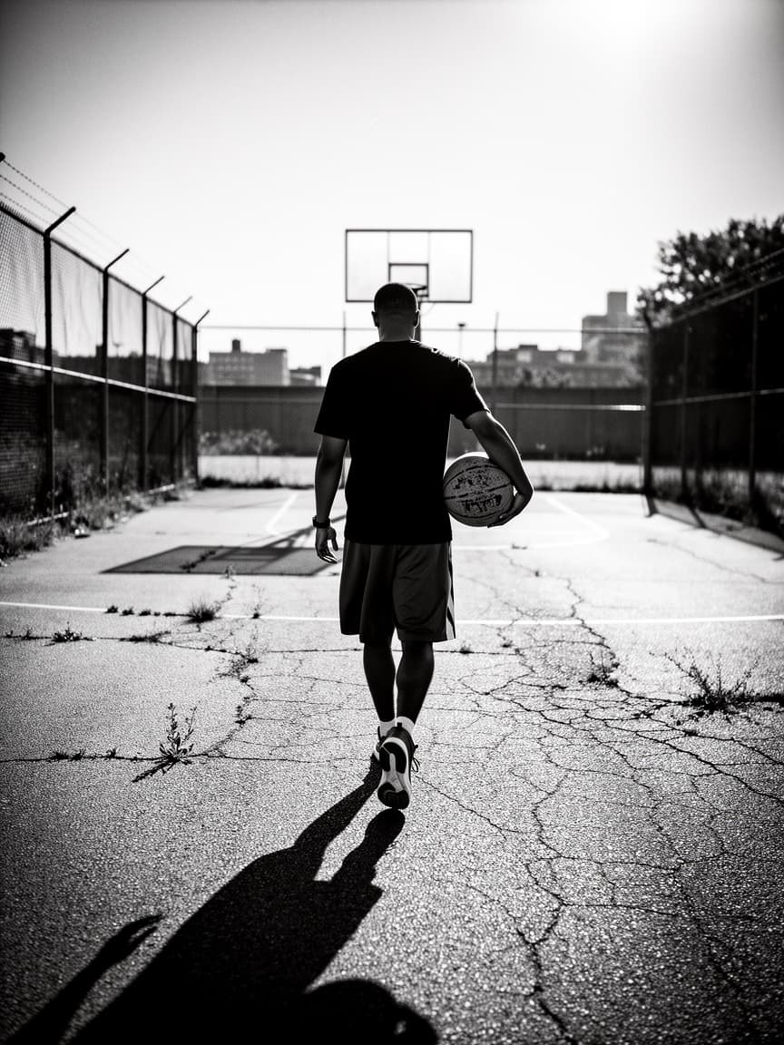 A player walking toward an outdoor court, ball on his hip